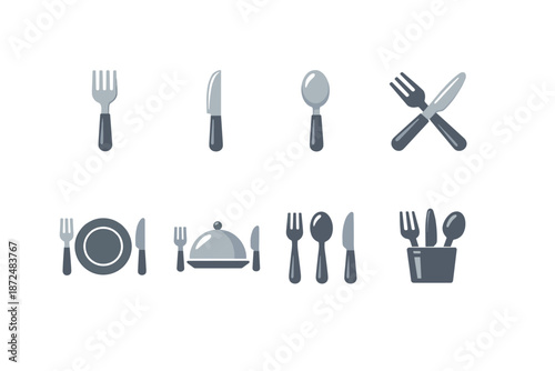 Collection of flat design icons representing cutlery and dining elements