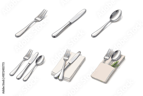 Collection of polished silverware and cutlery arrangements on a white background