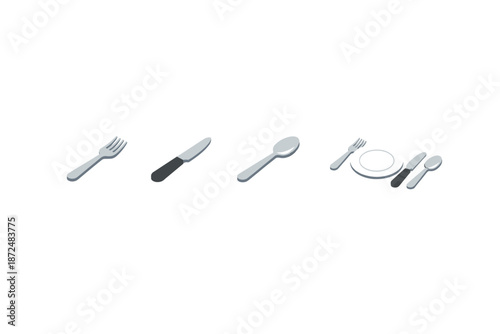 Collection of cutlery and a plate, isolated on a white background