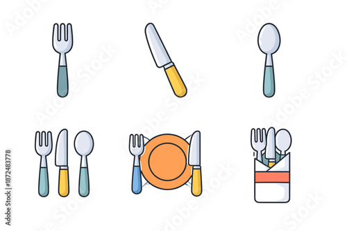 Collection of flat design icons representing cutlery and dining arrangements