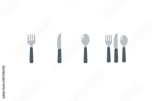 Set of flat design cutlery icons including forks, knives, and spoons on a white background