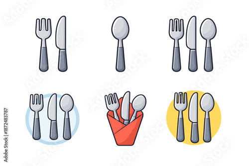 Set of cartoon cutlery icons including forks, knives, and spoons