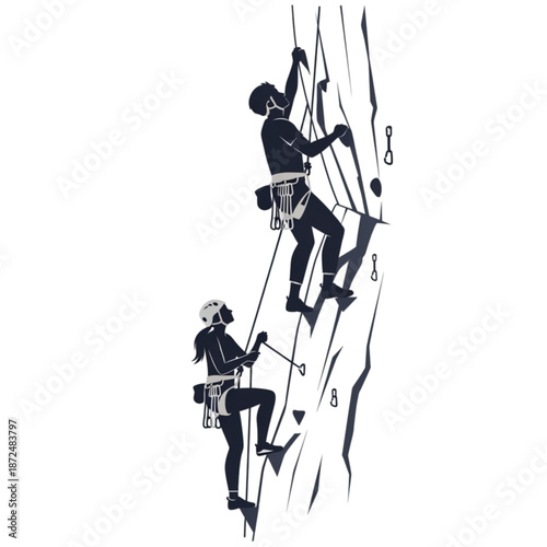 Two climbers ascending a steep cliff Isolated On Transparent Background.