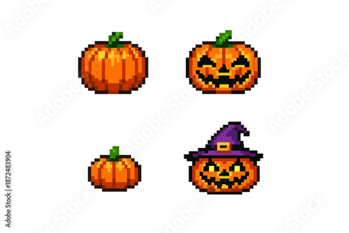 Pixel art Halloween pumpkins, including a witch hat pumpkin, perfect for spooky designs