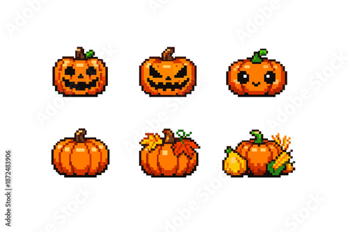 Collection of pixel art pumpkins with various faces and autumn decorations