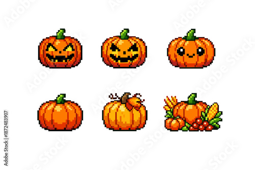 Pixel art pumpkins for Halloween and autumn harvest celebrations