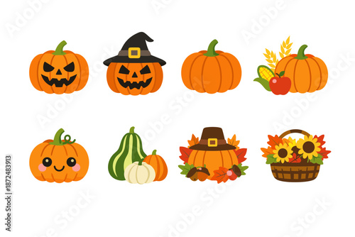 Collection of cute cartoon pumpkins and gourds for autumn and Halloween