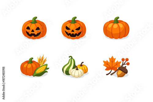 Collection of autumn harvest icons featuring pumpkins, gourds, and fall foliage