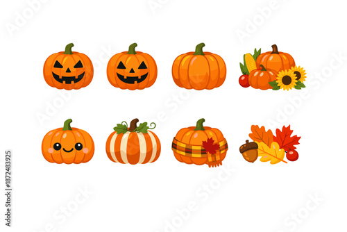 Collection of cute cartoon pumpkins and autumn harvest elements