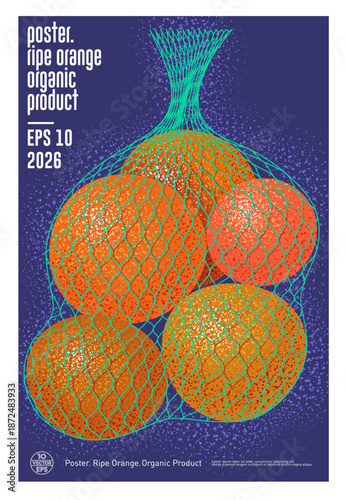 Illustration ripe oranges in netting bag. Poster with fruits in retail sale. 