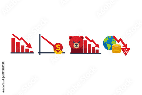 Financial market downturn icons: bear market, falling dollar, and global recession indicators