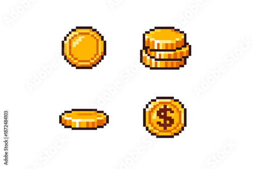 Pixel art gold coins in various orientations for game assets