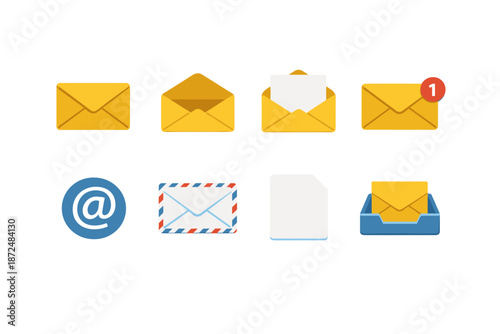Collection of email and communication icons including envelopes and at symbol
