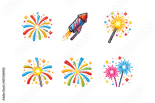 Pixel art fireworks and sparklers for festive celebrations and holidays