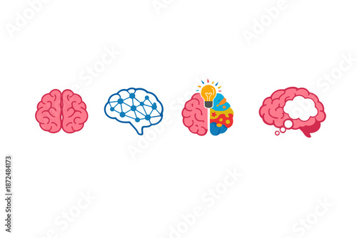 Four stylized brains representing different aspects of thinking and creativity