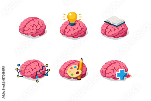 Six different icons representing brain functions and concepts in a clean, modern style