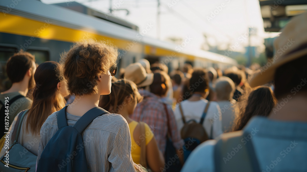 Fototapeta premium Passengers rush to catch their trains, creating a lively scene at the platform during sunset Generative AI
