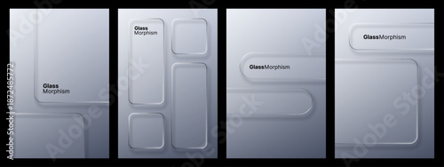 Set of glass morphism elements with frosted rectangle panels. Modern liquid glass style mockups. Abstract background for user interface design.