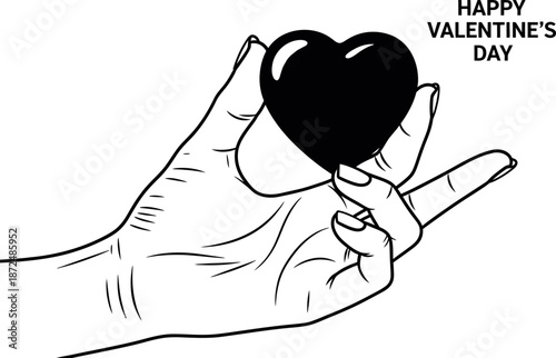 A stylized black and white illustration depicts a human hand delicately holding a shining black heart symbolizing love and generosity perfect for Valentines Day celebrations