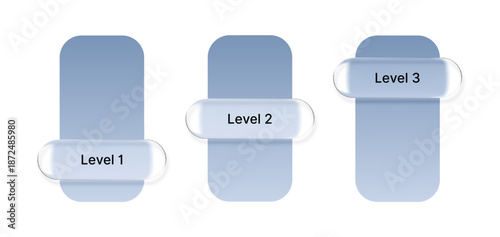 Three liquid glass morphism level indicators on a white background. Modern user interface design icon for applications and websites.