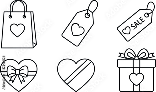 Modern vector line art icons set featuring shopping bags gift boxes and sale tags with romantic hearts for special occasions