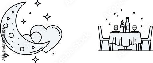 Romantic moon and stars with hearts line art illustration next to a candlelit dinner table for two date night