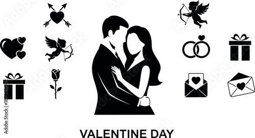 Romantic Valentinethemed icons featuring a loving couple cupid hearts roses and wedding rings perfect for celebrating affection and partnership