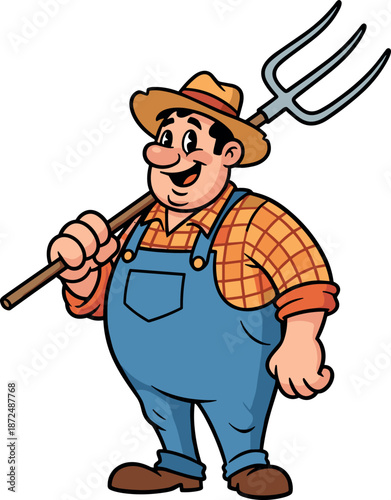 A cheerful cartoon farmer wearing a straw hat holding a pitchfork on transparent background