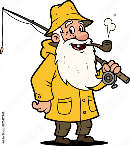 A cheerful cartoon fisherman with a pipe and fishing rod on transparent background