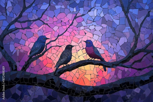 India's traditional Gond folk art is vibrantly colored and depicts birds in a tree set against a textured background