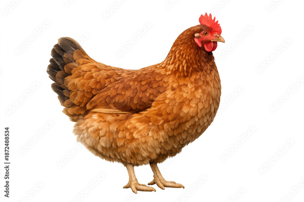 Fototapeta premium Brown hen with bright red comb, plumage and wattle on isolated transparent background for farming and agriculture