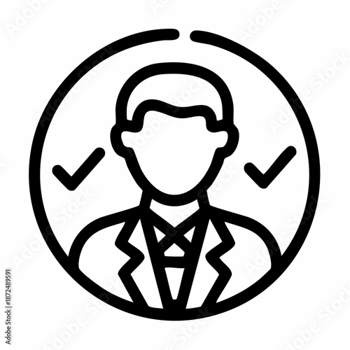 Simple line art icon of a verified person in a suit.