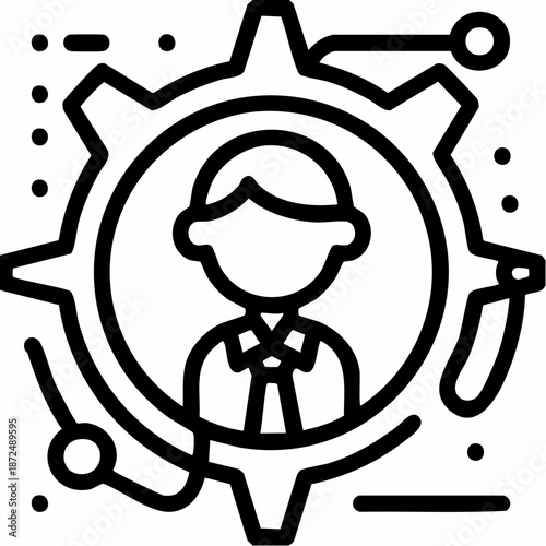 An icon depicting a person's bust inside a large gear, symbolizing human resources, management, and operational efficiency within an organization.