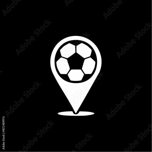 White soccer ball inside a location pin icon on a black background, symbolizing sports location and navigation.