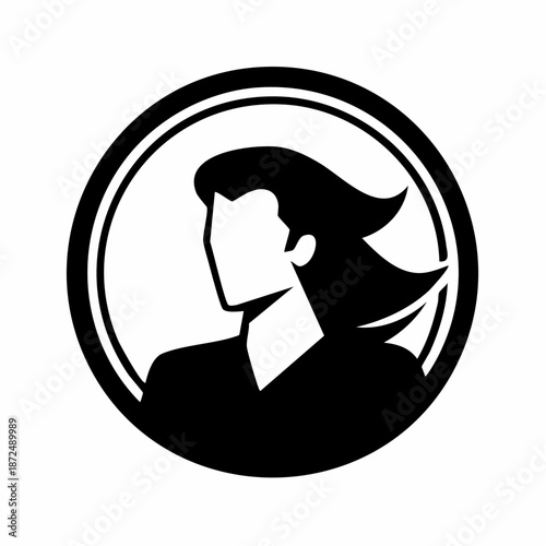 A minimalist black and white profile illustration of a person with sweeping hair, enclosed in a double circle.