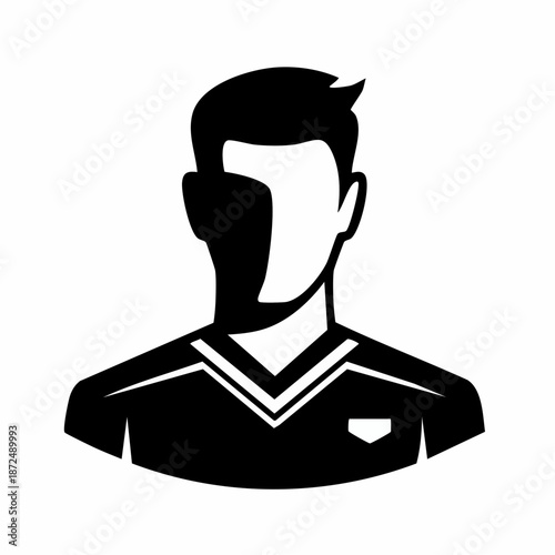 Stylized black and white icon of a man wearing a sports jersey, with a partially obscured face, representing an avatar or player.