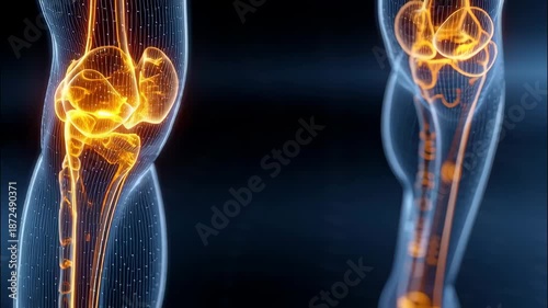 Digital Illustration of a Human Knee Joint with Glowing Connective Tissues and Skeletal Structure in Futuristic Style