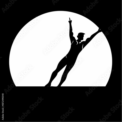 Silhouette of a muscular man in a dynamic pose with arms raised against a white semi-circle, symbolizing strength and aspiration.