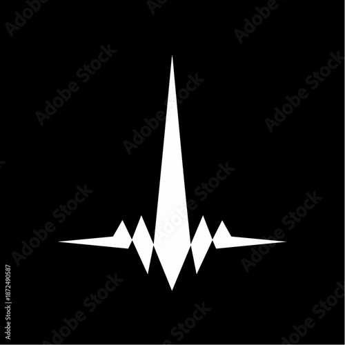 Abstract white sharp spike and jagged waveform symbol on a black background, minimalist design.
