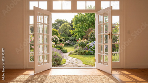Open french doors reveal a beautiful and vibrant garden bursting with colorful blooming flowers, green lawn, a winding stone pathway, and lush trees under warm summer sunshine