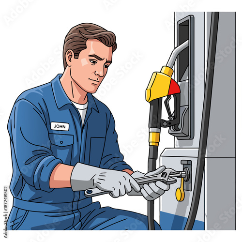 Male gas station maintenance worker repairing pump with tools, transparent background, isolated, vector  