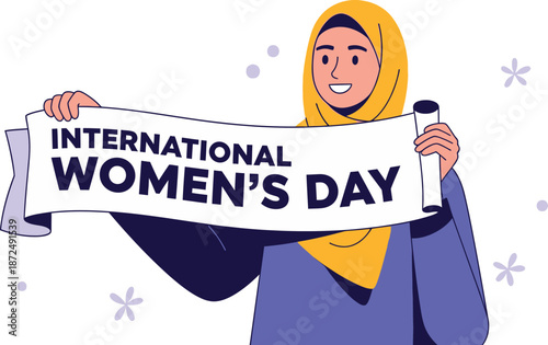 A joyful young woman wearing a yellow hijab proudly celebrates International Womens Day by holding a prominent white banner