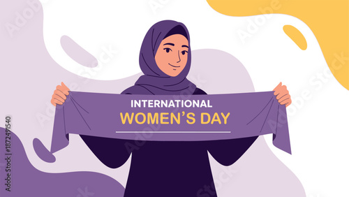 A happy young Muslim woman wearing a hijab celebrates International Womens Day holding a purple banner proudly