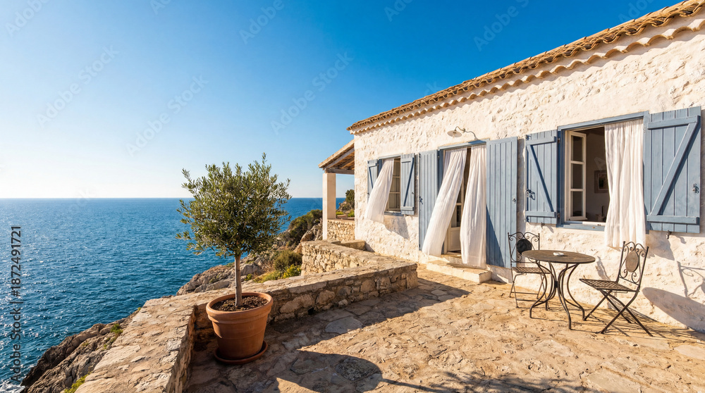 Fototapeta premium Traditional mediterranean stone house with white walls, blue shutters and terracotta roof, sunlit terrace overlooking sparkling sea and olive trees idyllic coastal vacation scene