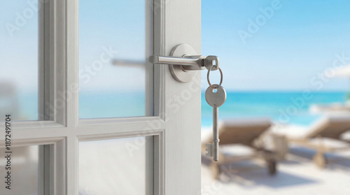 Key on a door handle framing an open door to a turquoise ocean and white sand beach with blurred lounge chairs, evoking luxury vacation, property access and escape