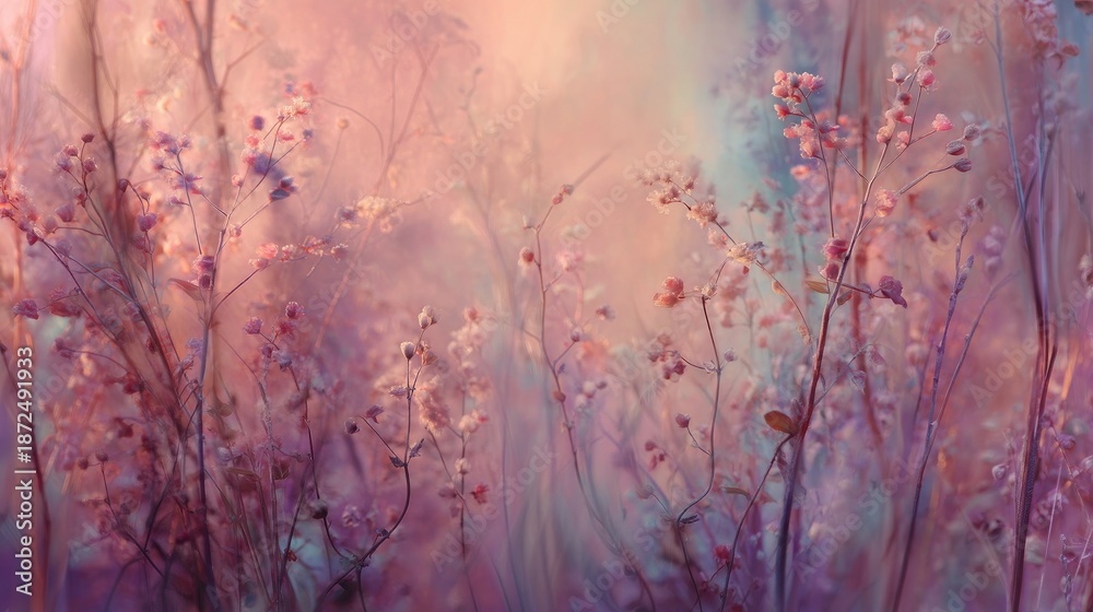 Obraz premium Soft Pastel Hues of Wildflowers in Ethereal Landscape Capturing the Essence of Nature's Beauty in Gentle Light and Colorful Atmosphere