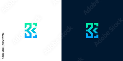 Modern Geometric Letter 'K' Logo Design with Gradient Blue and Green Colors on White and Navy Backgrounds