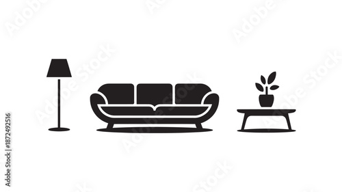 Modern Living Room Furniture Silhouette with Floor Lamp and Potted Plant in Simple Minimalist Style with Black Color on White Background for Interior Design