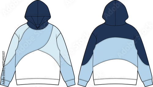 Color-blocked hoodie technical sketch, front and back view, multi-panel fashion design with curved seams and drawstring hood - flat vector illustration