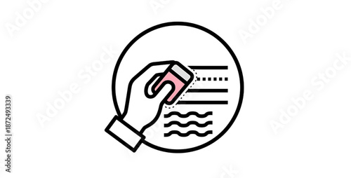 Content correction document icon with hand erasing text for editing process